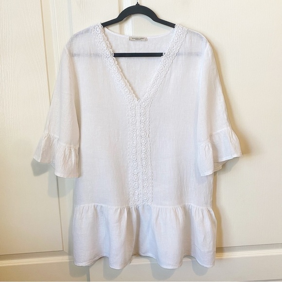 Francesca Bettini White Linen Lace Ruffle Sleeve Tunic Top Large Made in Italy - Picture 1 of 10